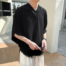 Load image into Gallery viewer, Tassels Raw Edge V Neck Half Sleeves T-Shirt
