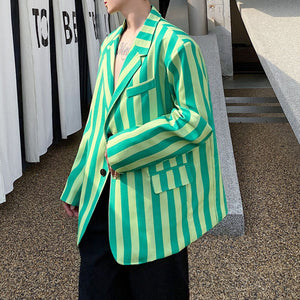 Green Colorblock Striped Casual Blazer