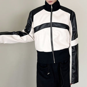 Black and White Stitching PU Leather Short Jacket