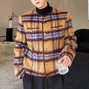 Round Neck Plaid Single Breasted Coat