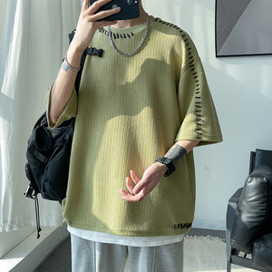 Contrast Stitching Crew Neck 3/4 Sleeves Top