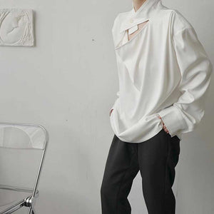 Solid Color Stand Collar Cutout Long Sleeve Shirt