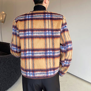 Round Neck Plaid Single Breasted Coat