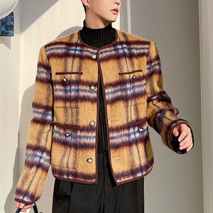 Round Neck Plaid Single Breasted Coat