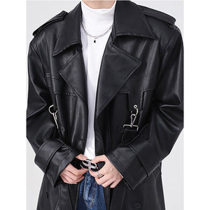 Metal Zipper PU Shoulder Pad Mid Length Coat