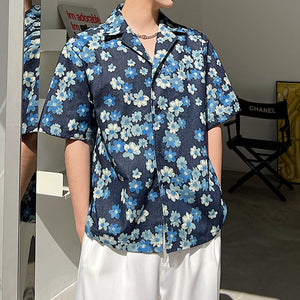 Blue Floral Lapel Short Sleeve Shirt