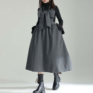 Woolen Bowknot Suspender Dress