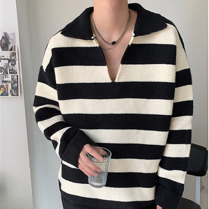 Black and White Contrasting Stripe V-Neck Sweater