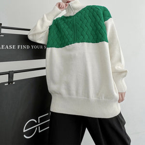 Turtleneck Zip Contrast Twist Pullover Sweater