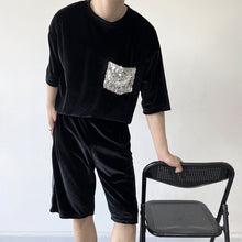 Load image into Gallery viewer, Glitter Sequin Pocket Velvet T-Shirt Shorts Set
