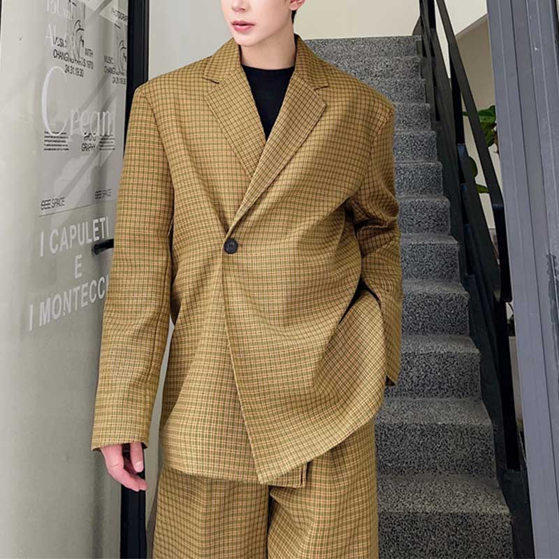 Retro Khaki Check Simple Blazer And Pant Set