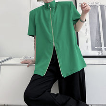 Load image into Gallery viewer, Metal Button Double Zip Stand Collar Shirt
