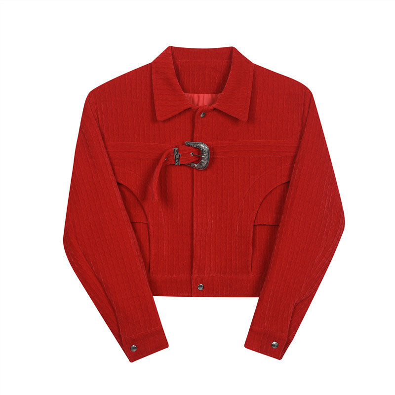Antique Red Velvet Buckle Cropped Jacket