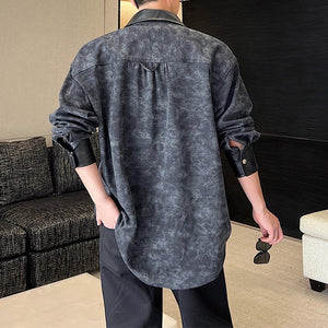 Retro Tie-dye Stitching PU Leather Long-sleeve Shirt