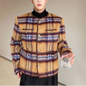 Round Neck Plaid Single Breasted Coat