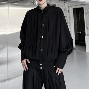 Vintage Stand Collar Pleated Shirt