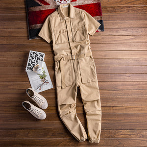 Retro Casual Multi-Pocket Short Sleeve Jumpsuits